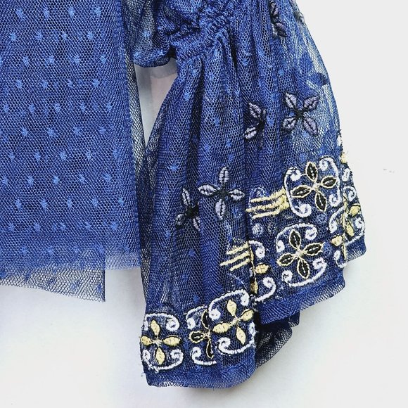 Free People Blue Gold Joy Ride Sheer Embroidered Poet Sleeve Top, Sz M, NWT $148 - Picture 7 of 10